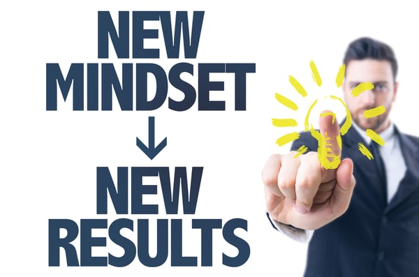 Business man pointing the text New Mindset New Results