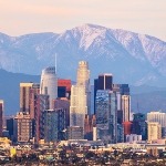 A distant view of the Los Angeles cityscape. 